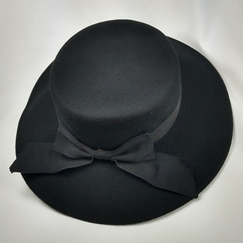Vintage Black Wool Boater Flat Bow Hat